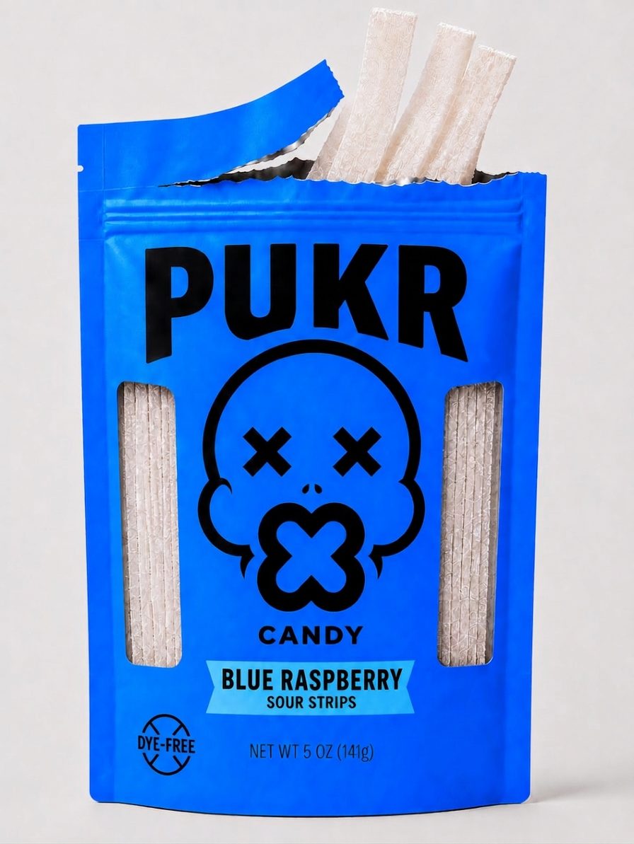 Blue Raspberry PUKR sour strips packaging