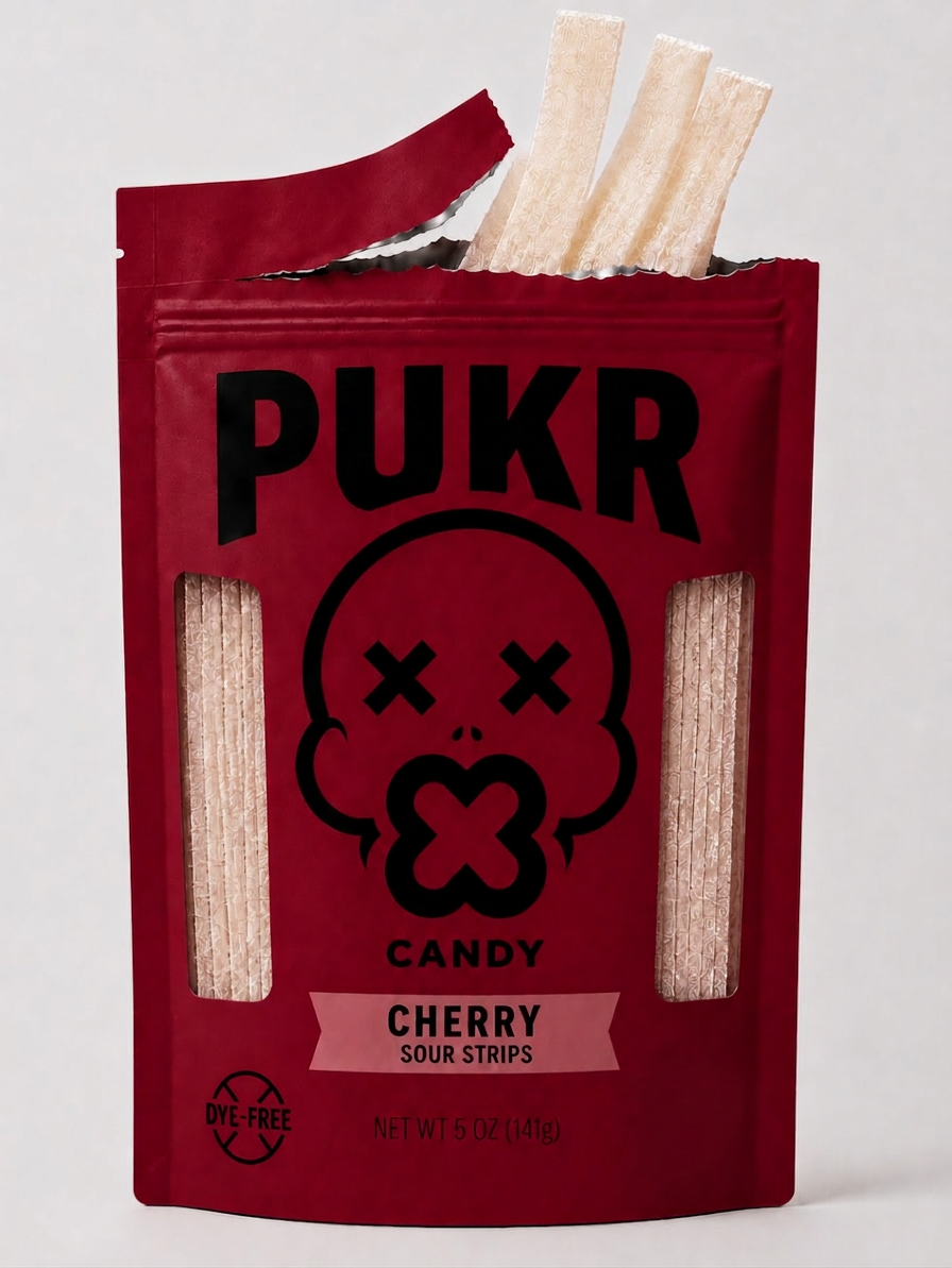 Cherry PUKR sour strips packaging